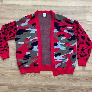 Sen Womens Cocoon Camoflage Open Sweater Cartigan Size 1 XL Plus Red Black Chic